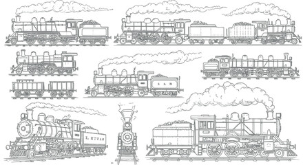 Collection of detailed vintage steam locomotive illustrations with classic railway wagons, perfect for historical transport themes and industrial heritage designs.