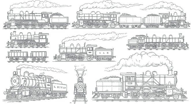 Collection of detailed vintage steam locomotive illustrations with classic railway wagons, perfect for historical transport themes and industrial heritage designs.