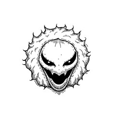 Eerie monochromatic vector illustration of a sinister entity's face with sharp teeth and glowing eyes
