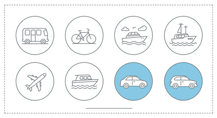Seamless travel vector icons Collection of diverse transportation modes for efficient journey planning, featuring land, air, and sea vehicles.
