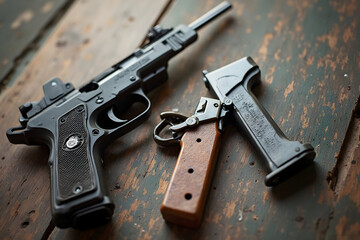 Pistol and Detached Handle on Wooden Surface Still Life