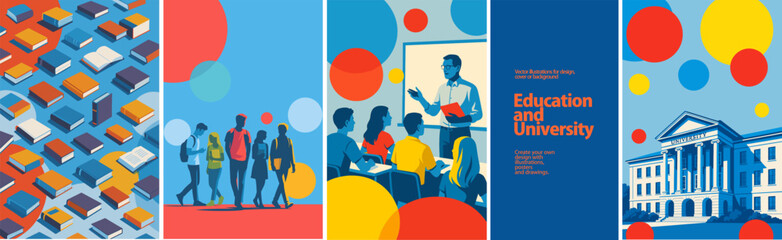 University Education, Learning, Campus Life & Knowledge. Vector illustrations of students, books, university buildings, and classroom learning. Ideal for academic design projects 
