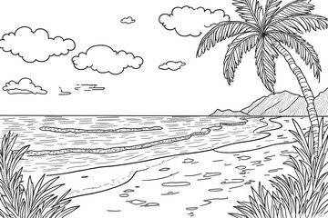 Tropical Beach Scene Sketch with Palm Tree Ocean and Clouds