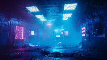 Abandoned Neon Lit Industrial Room with Cables and Equipment.