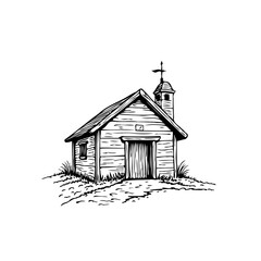 Hand drawn sketch of a small rural church with a cross on top peaceful illustration architecture