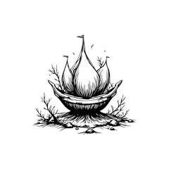 Mystical boat carrying surreal flower buds in a dark fantasy landscape illustration vector