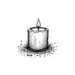 Monochromatic vintage hand drawn candle with flame illuminating the scene and adding warmth against white background