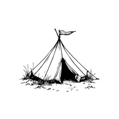 Whimsical hand drawn camping tent illustration evoking nostalgia for outdoor adventures and tranquil natural escapes