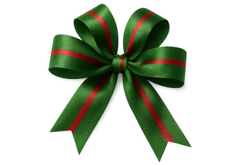 Decorative green ribbon featuring red stripes, elegantly knotted into soft bow shape against clear backdrop
