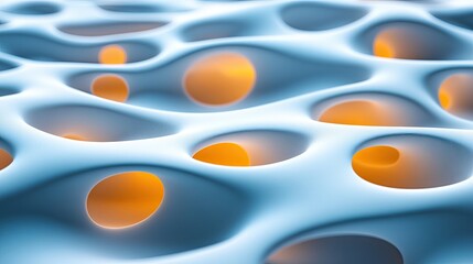 Abstract organic structure with smooth blue shapes and glowing orange spheres background