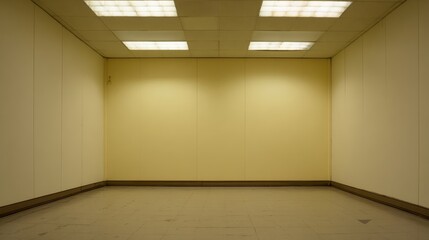 Obraz premium Empty room with yellow walls and fluorescent lighting.