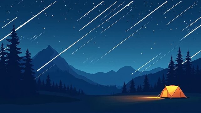 Camping at Night with Meteor Shower Over Mountains
