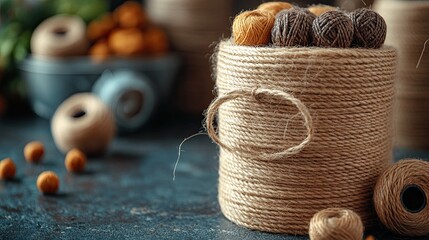 Artisanal arrangement of twine and yarn for creative craft projects and decoration