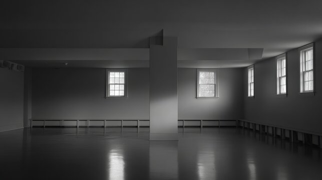 Empty studio with natural light pouring through windows.