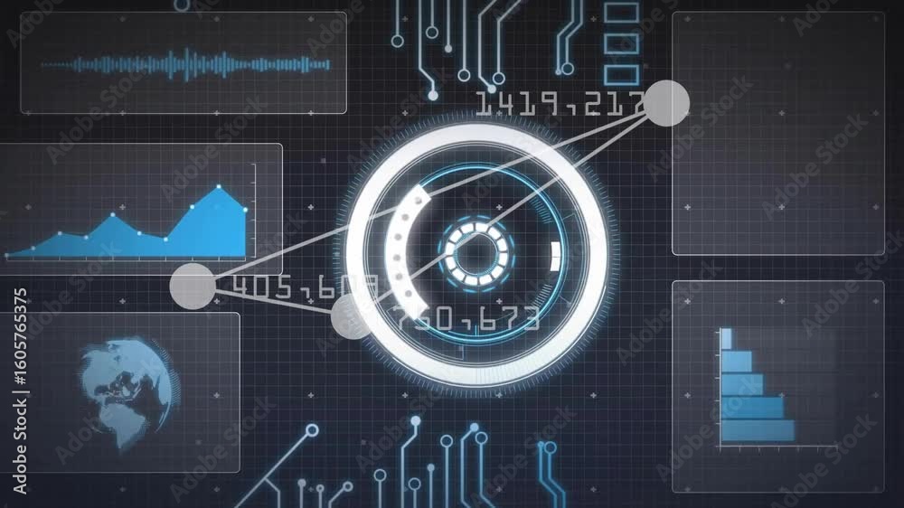 Poster startup activating gauge with nodes connecting then ring rotating and panels updating to show data