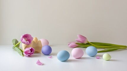 Obraz premium A serene arrangement of Easter eggs and tulips in soft pastel hues, evoking springtime tranquility.
