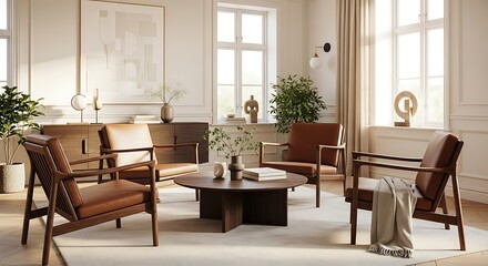Obraz premium A living room furnished with mid-century modern armchairs and a coffee table.