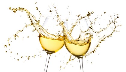 Elegant white wine splash in glasses on a bright white background scene