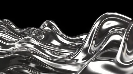 Abstract silver chrome metallic liquid animation background waves flowing seamlessly loop render design. Silver liquid shapes on black surface. Shiny metallic wave digital art style - Powered by Adobe