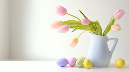 A serene arrangement of Easter eggs and tulips in soft pastel hues, evoking springtime tranquility.