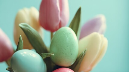 A serene arrangement of Easter eggs and tulips in soft pastel hues, evoking springtime tranquility.