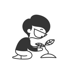 cute boy planting tree in doodle cartoon style