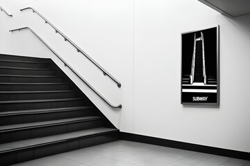 Minimalist stairway ascends beside wall art, offering a clean, structured, modern aesthetic indoors.