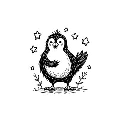 Whimsical hand drawn penguin illustration surrounded by twinkling stars: A charming illustration for playful designs