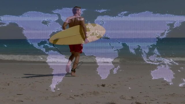 Surfer shifting stance and starting jogging toward waves for surfing in tech with world map overlay