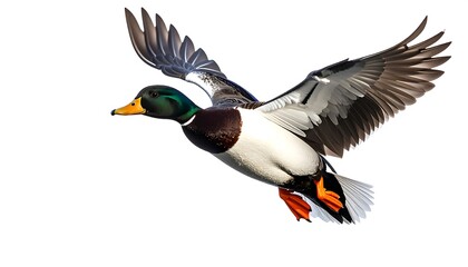Obraz premium A mallard duck in flight against white
