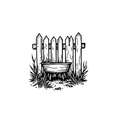Rustic garden illustration featuring a vintage wheelbarrow leaning against a weathered wooden fence with overgrown grass