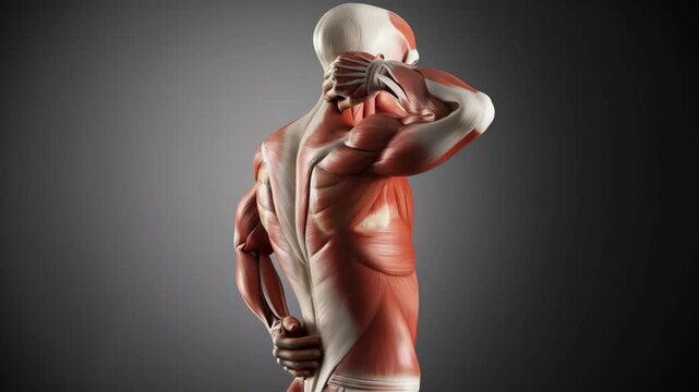 Detailed 3D render of human muscular and skeletal anatomy rotating, illustrating the back and neck regions with implied discomfort
