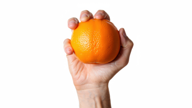 Hand holding an orange against transparent png background – citrus fruit close-up