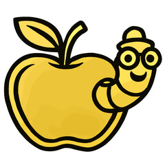 Cartoon Gold Apple with Smiling Worm Character Vector Logo 