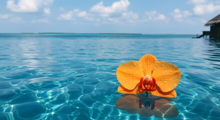 Fototapeta na wymiar Tranquil Orchid Amidst Azure Waters: An eye-level view showcasing the tranquil beauty of an exquisite.
