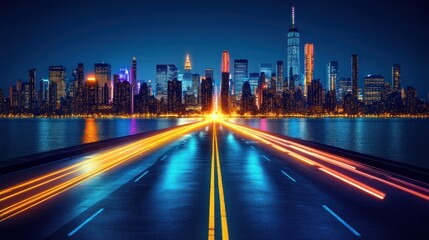 Fototapeta premium Night city skyline with highway. Vivid urban lights and motion blur