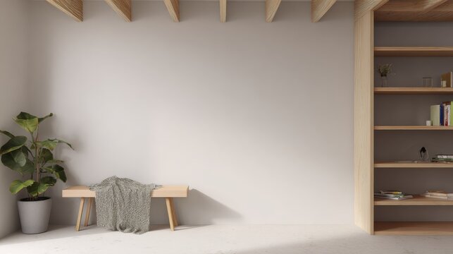 Minimalist interior design with wooden bench and bookshelf.
