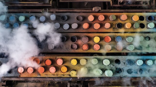 Colorful basalt powder flowing through industrial kiln, generating steam while revealing manufacturing transformation with vibrant material processing and dynamic metallic framework