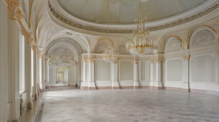 Fototapeta premium Luxurious empty hall with ornate chandeliers and arched windows.