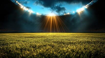 Empty stadium at night, illuminated by spotlights