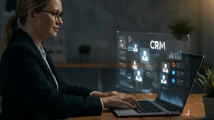 CRM Technology: Businesswoman Using Customer Relationship Management Software on Laptop with Holographic Interface for Sales, Marketing & Customer Service Optimization - Powered by Adobe