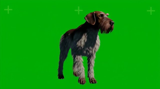 German Wirehaired Pointer Dog Isolated Against Green Screen Background For Easy Compositing