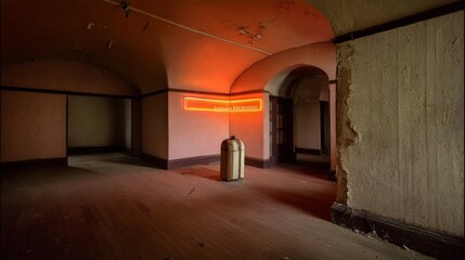 Abandoned building interior with neon sign and damaged walls.
