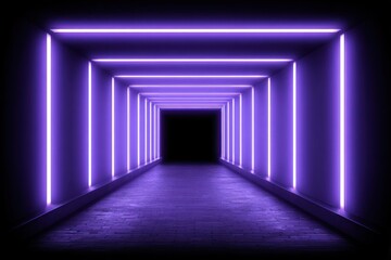 Obraz premium Purple neon light tunnel in a dark interior space.