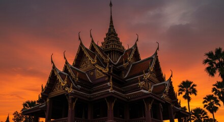 Fototapeta premium Majestic Thai Temple Silhouette at Sunset