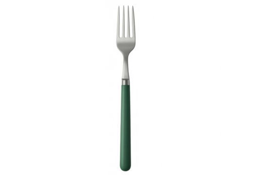 Green-handled metal fork resting on transparent backdrop, highlighting culinary design element for kitchen-themed graphics