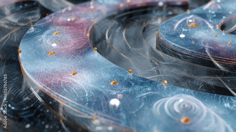 Aufkleber Quantum computing concept showcasing qubits moving on intersecting conveyor paths, generating magnetic field disturbances, visualized with swirling patterns and golden particles
