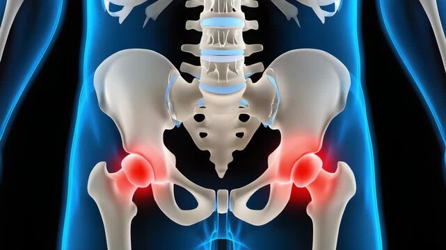 Understanding hip pain causes symptoms and treatment options for joint inflammation relief. Human pelvis illustration shows hip pain. Doctor guideline for hip joint health