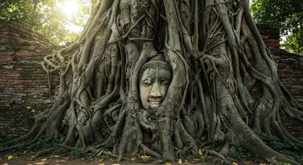 Buddha Head Entwined by Tree Roots at Wat Mahathat, Ayutthaya, Thailand