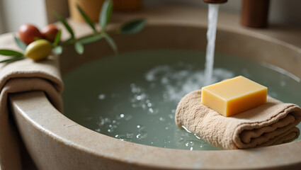Serene bath scene with water, soap on a towel, and natural light for a relaxing spa experience.